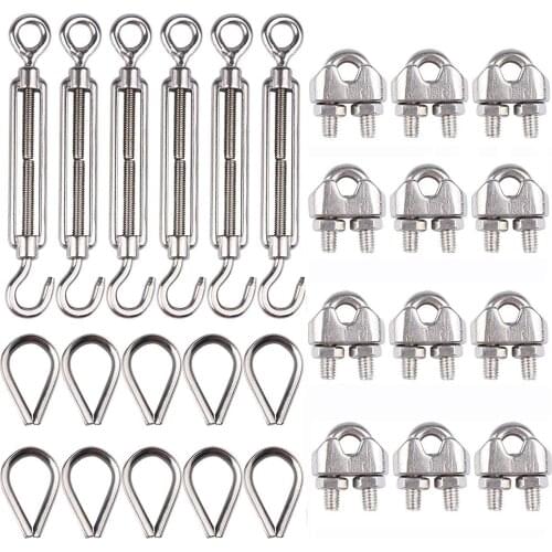 304 Stainless Steel Kit M6 Turnbuckle Tension Wire Rope Eye&Hook M3 1/8 Inch Wire Rope Cable Clip Clamp M3 Thimble