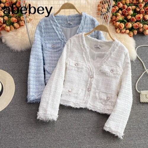 2021 New Spring Autumn Vintage O-neck long sleeve Coat single breasted high waist short solid color tweed plaid Jacket Top