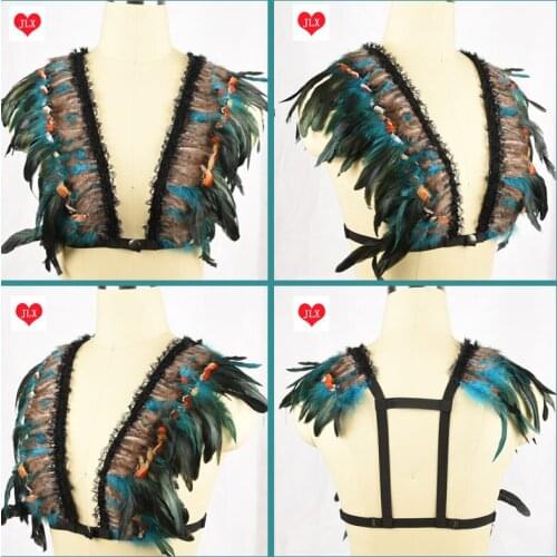 Multicolor lace feather bralette festival wings rave sexy body cage bra gypsy boho bridal feather harness bra body fetish wear
