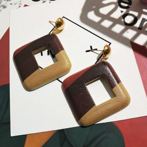 Fashion Jewelry Alloy Geometric Earrings Contrast Color Wooden Square Pendant Vintage Earrings Female Big Earrings