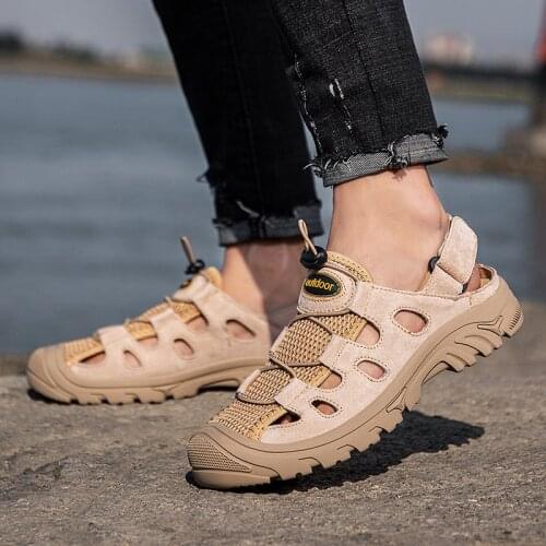 Men mesh Shoes Summer Lightweight Close Toe Flat Beach Sandals Leather fashion breathable Trekking Casual Outdoor shoes men