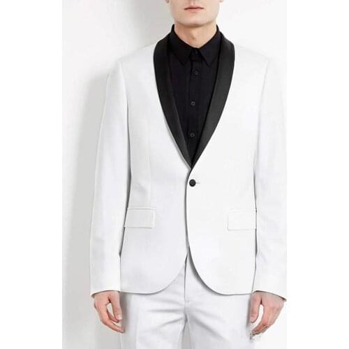 New Custom Slim Fit White Men Suits Wedding Black Shawl Lapel Groom Tuxedos Groomsmen Suit Man Blazer 2 Piece (Jacket+Pants