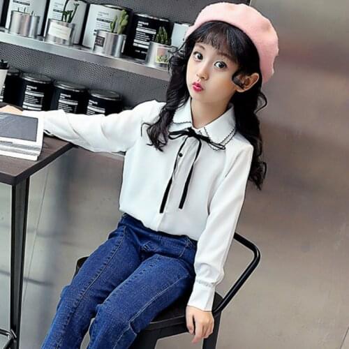 New sweet childrens shirts, teens girls princess elegant long sleeve red white Chiffon blouse 4 8 10 12 14 years