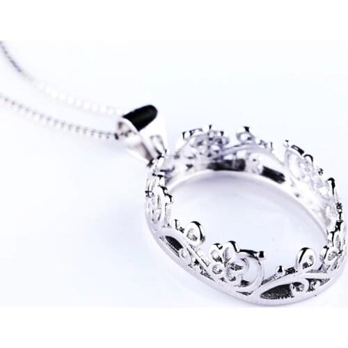 Sterling Silver 925 White Gold Color Filligree Semi Mount Pendant Oval Cabochon 13x18mm Amber Agate Turquoise Setting Wholesale