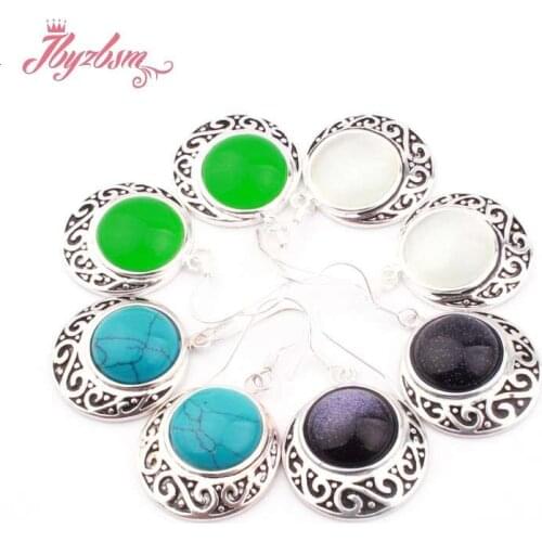 13mm Coin Turquoise Jades Cat Eye NaturalStone Tibetan Silver Bohemia Jewelry Hook Earring For Woman Valentines Day Gift 1 Pair