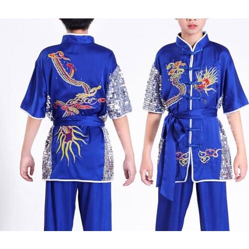Unisex kids embroidery dragon suits children martial arts clothing changquan wushu kung fu performance uniforms red/black