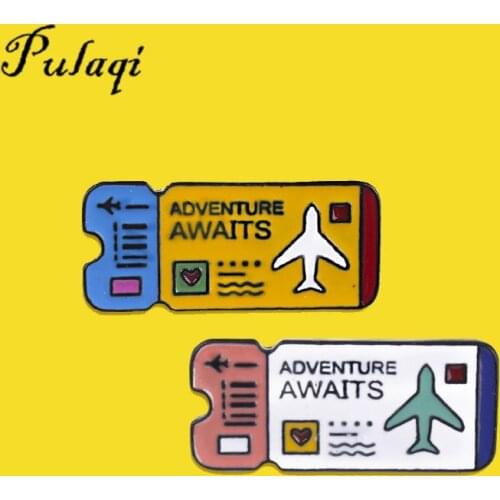 Air ticket Pins Adventure Awaits Brooches Custom Travel Enamel Pin Badge Explorer tickets Lapel Pin for Friends