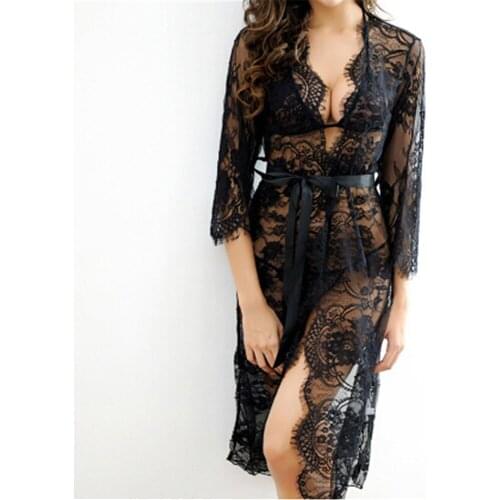 Women Black Sexy Nightgowns & Sleepshirts Three Quarter O Neck Nightgowns Solid Full Lace Transparnet Hollow Out Dress