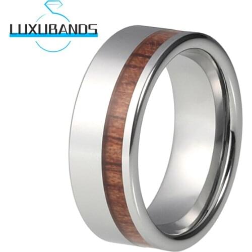 8MM Womens Mens Tungsten Wedding Rings Offset Line Wood Inlay Engagement Bands Flat Polished Finished Comfort Fit