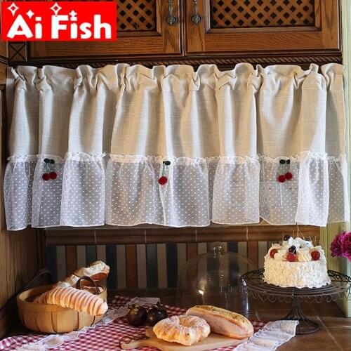 1 PCS Rod Pocket Cherry Lace Half Short Curtain Living Room Divided Beige Linen Curtains Kitchen Cabinet Cafe Drapes QT048#3