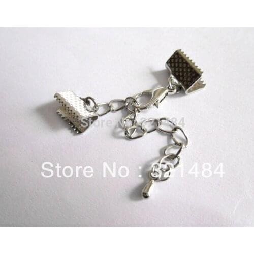 200pcs Rhodium Plated 10mm ribbon crimp end cap jewelry clamps with extender chain drops findings
