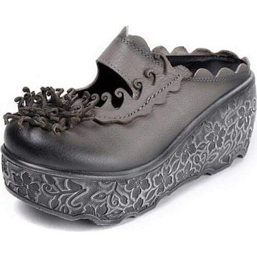 2020 Round Head Breathable Cowhide Woven Shoes Woman Leather Slippers Sandals Increase Platform Wedges Slipper Summer Sandals