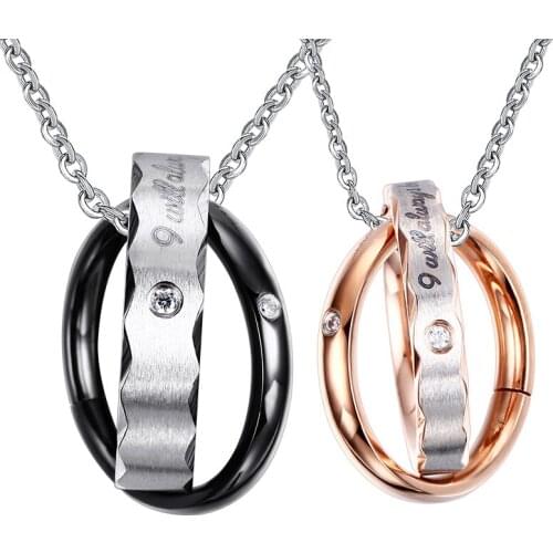 2021 Fashion European And American Simple Style Jewelry Stainless Steel Lovers Two-ring Pendant With Zircon TISCO Necklace