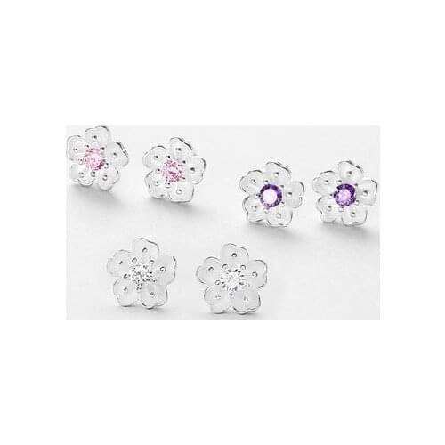 Promotion Trendy Cherry Flower Cubic Zirconia 925 Sterling Silver Lady Stud Earrings Original Jewelry For Women Gift Girls