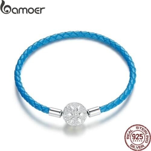 Bamoer 925 Sterling Silver Snowflke Clip with Blue Leather Bracelet for Charm Pendant DIY Bracelet Jewelry SCB196