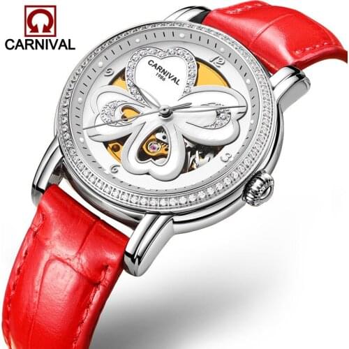 Automatic Watches relogio feminino CARNIVAL Luxury Women Mechanical Wristwatch Red Leather Skeleton Watch Luminous Sapphire 2018