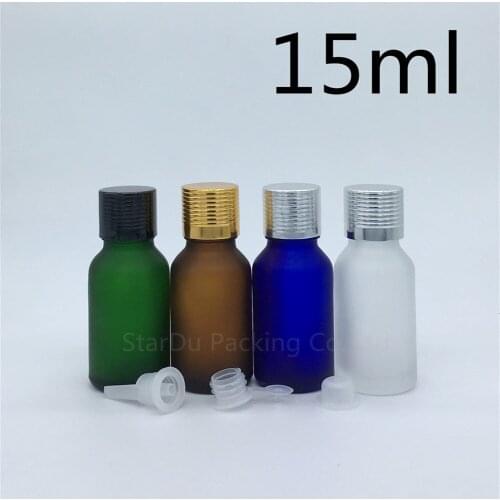 Travel bottle 15ml Green blue amber transparent frosted Glass Bottle, Vials Essential Oil Bottle with Aluminum cap 500pcs