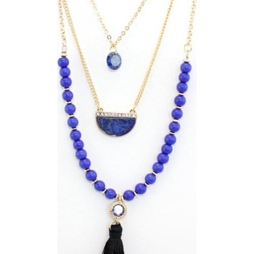 FYSL Light Yellow Gold Color Multi Layer Lapis Lazuli Pendant Link Chain Necklace with Tassels Jewelry