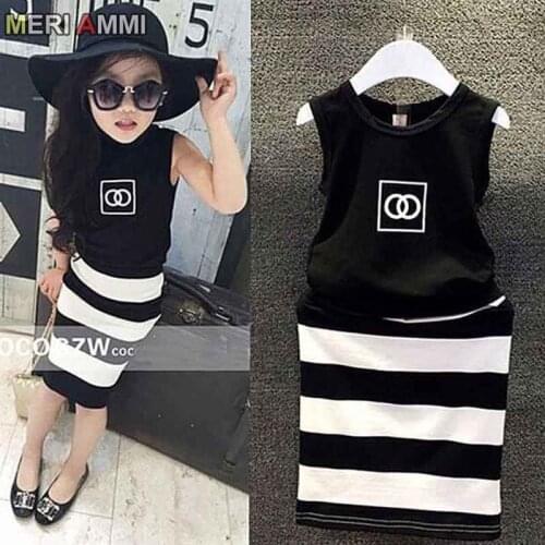 MERI AMMI 2pcs Clothing Outfit Set Baby Suit Black Top+Striped Skirt Tight Fashion Wear Slim Dressing For 2-9 Year Girl, J556