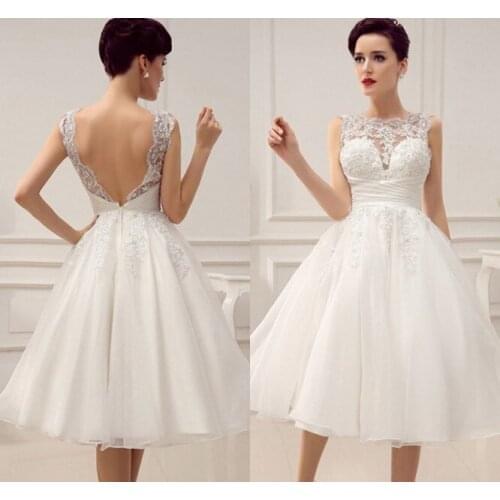 Short Wedding Dresses Vintage 1950s Bridal Gown Backless Lace Beading Pleated Sequins Illusion Wedding Reception Dress 2020