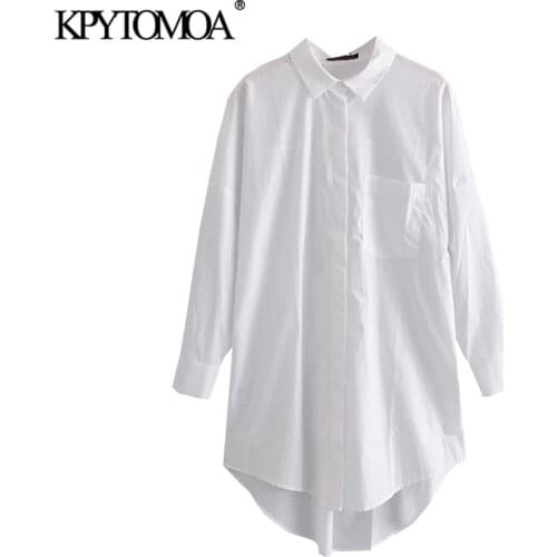 KPYTOMOA Women 2021 Fashion With Pockets Oversized Poplin Asymmetry Blouses Vintage Long Sleeve Button-up Female Shirts Chic Top