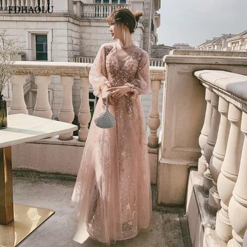 FDHAOLU FU101 High Neck Long Sleeves Lace Evening Dress A-Line Floor-Length Crystal Embroidery Plus Size Woman Formal Party Gown