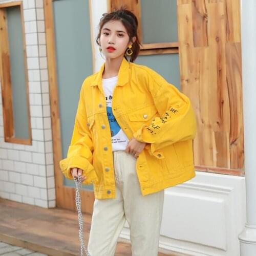 Korean Letter Print Yellow Denim Jacket Women 2020 Spring Autumn Fashion Turndown Collar Single-breasted Jean Jacket Female Z398
