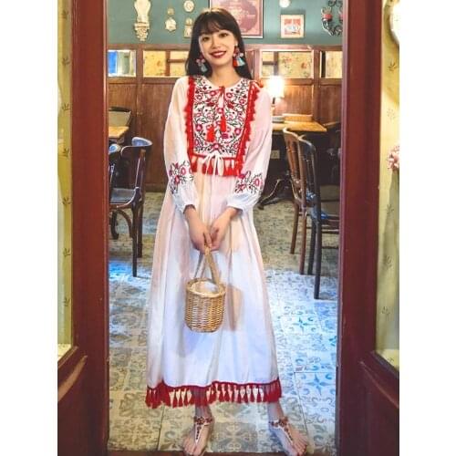 Summer New Womens Dress Lantern Sleeve Tassel Travel Holiday Loose Dress Bohemian Holiday Embroidery Vintage Dress