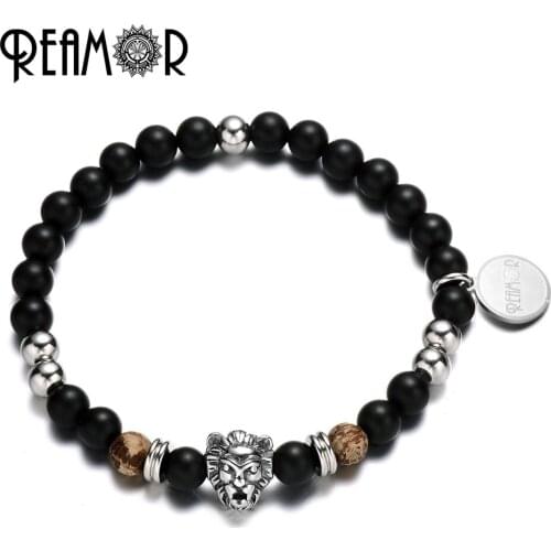 REAMOR 316L Stainless Steel Male Lion Bracelet with Natural Black Matte Onyx&Fire Fossil Stones Strand Stretch Men Bracelets