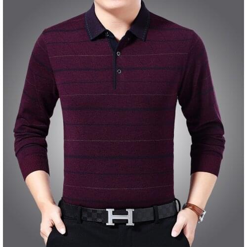 Man Sweater T Shirts Casual Striped Buttons Jumper Male Turn-Down Collar Wool Knit Clothing Pullovers Long Sleeved