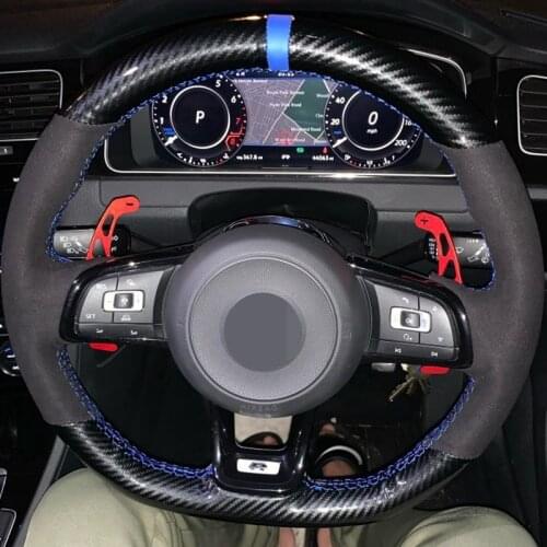 Carbon Fiber Black Genuine Leather Suede Car Steering Wheel Cover For Volkswagen Golf 7 GTI Golf R MK7 Polo Scirocco 2015 2016