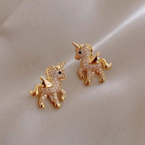 New Cute Animal Stud Earrings for Women Crystal Rhinestone Horse Kitten Earring Temperament Girls Birthday Party Jewelry