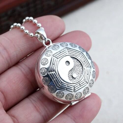 Wholesale S925 Sterling Silver Jewelry Vintage Thai Silver Simple Smooth Tai Chi Bagua Fulu Shou Wu Box Men And Women Pendants