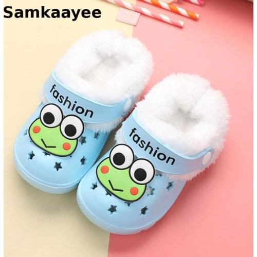 2-8Y Kids Mules Clogs Winter Boys Girls Home Slippers Cartoon Frog Toddler Flat Indoor Non-Slip Children Warm Garden Shoes y18