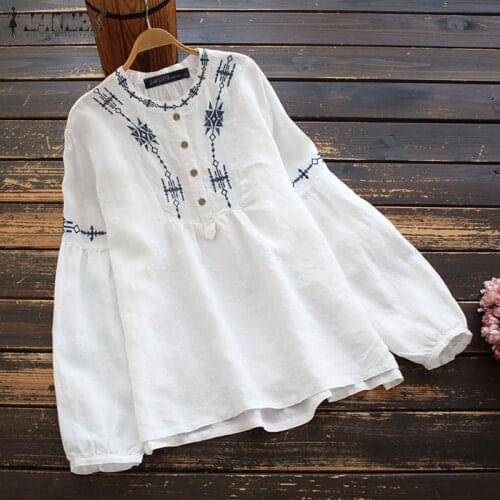 Casual O Neck Long Puff Sleeve Shirts 2021 ZANZEA Vintage Embroidery Blouse Women Button Cotton Tunic Tops Chemise