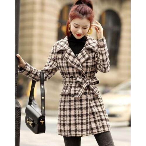 2021 womens spring and autumn fashion casual temperament A-line belt contrast color houndstooth water army collar jacket