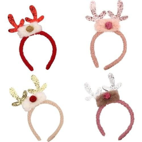 Women Girls Christmas Reindeer Antlers Plush Headband Glitter Tinsel Pom Pom Nose Stretchy Hair Hoop Xmas Headdress