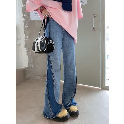 European Spring New High Waist Thin Retro Hole Zipper Hit Color Micro-flared Jeans Denim Trousers Women Pants Streetwear 2021