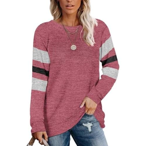 Women Fashion Long Sleeve Stripe Patchwork Round Neck Loose Ladies Female Casual T-shirts Shirts Tops
