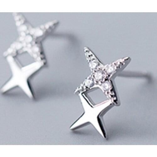 100% 925 Real Sterling Silver 1 Pair Womens Jewelry Fashion Cute CZ Star Stud Earrings Gift For Girls Teen Lady
