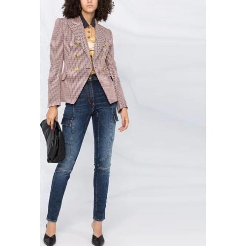 HIGH STREET Newest 2021 Designer Jacket Womens Classic Metal Buttons Double Breasted Slim Fitting Houndstooth Blazer