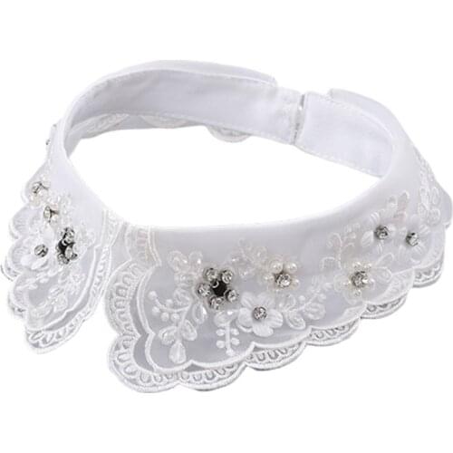 Women Fashion Imitation Pearl Fake Collar Detachable Dual Mesh Lapel Necklace F3MF