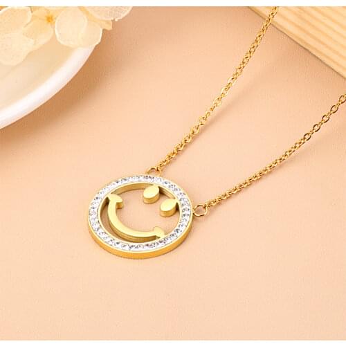 New Fashion Stainless Steel Silver Color Gold Smile Inlaid With Zircon Pendant Necklace Women Accessories Charm Jewerly