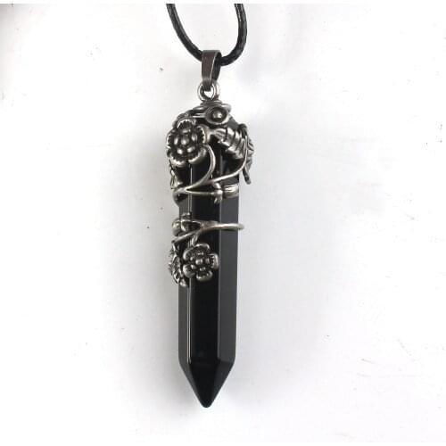 100-Unique Silver Plated Hexagonal Prism Inlay Flower Leaf Black Onyx Pendant Fashion Jewelry