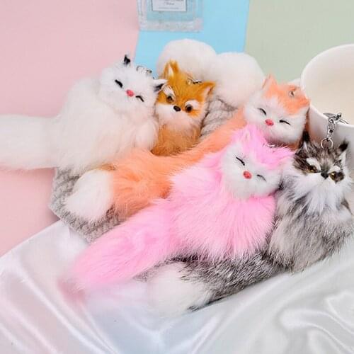 Cute Cartoon Pom Pom Keychain Plush Animal Faux Fur Fox Keychain Car Accessories Fashion Women Bag Charms Hanging Toys Dolls