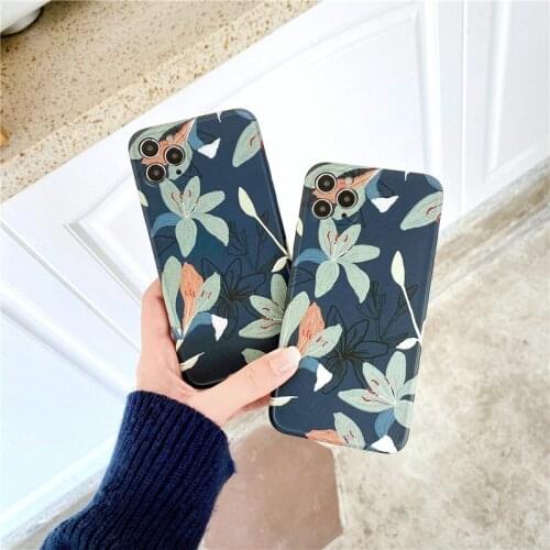 Retro Korean Sweet lily flower art painting Phone Case For iPhone 11 12 Pro Max Xr Xs Max 7 8 Plus X 7Plus Cute Soft Back Cover