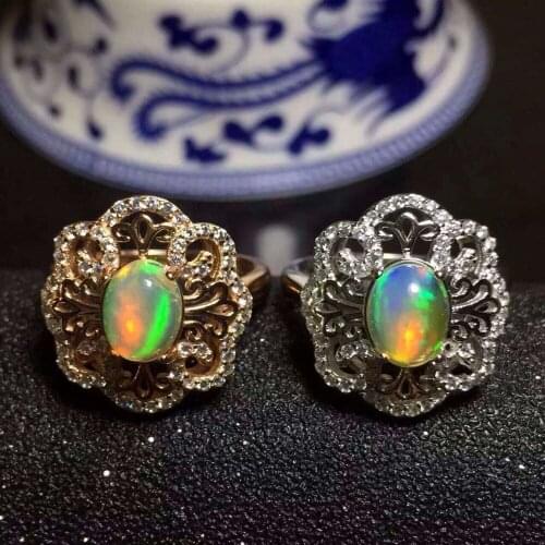 Natural opal gem stone Ring Natural gemstone ring 925 sterling silver trendy Elegant round Flowers womens girl gift Jewelry