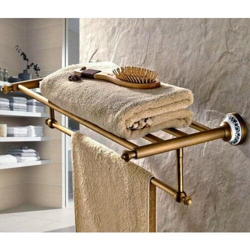 Wall Mounted Vintage Retro Antique Brass Bathroom Large Towel Rail Towel Bar Holder Shelf Bathroom Accessory mba411