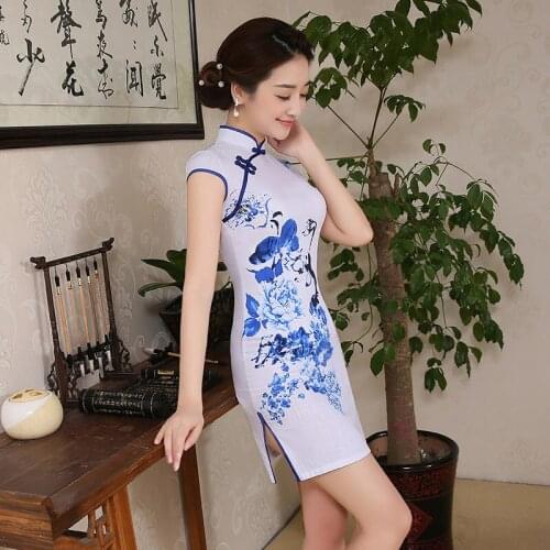 New Arrival Women Short Chinese Mini Dress White Female Chinese Traditional Dress Stand Collar Girl Evening Party Dress Qipao 18
