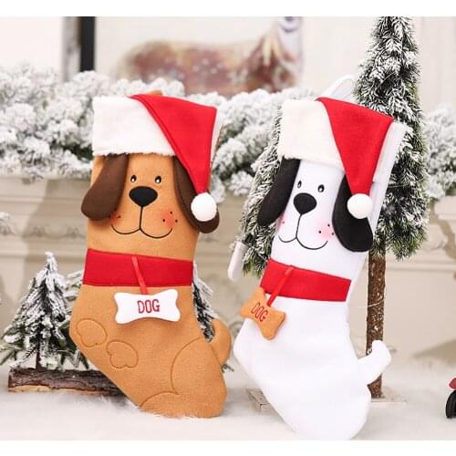 2021New Year Cute Dog Christmas Stockings Xmas Gift Bag with Bone Pendant Fireplace Kids Candy Bag Christmas Trees Decor